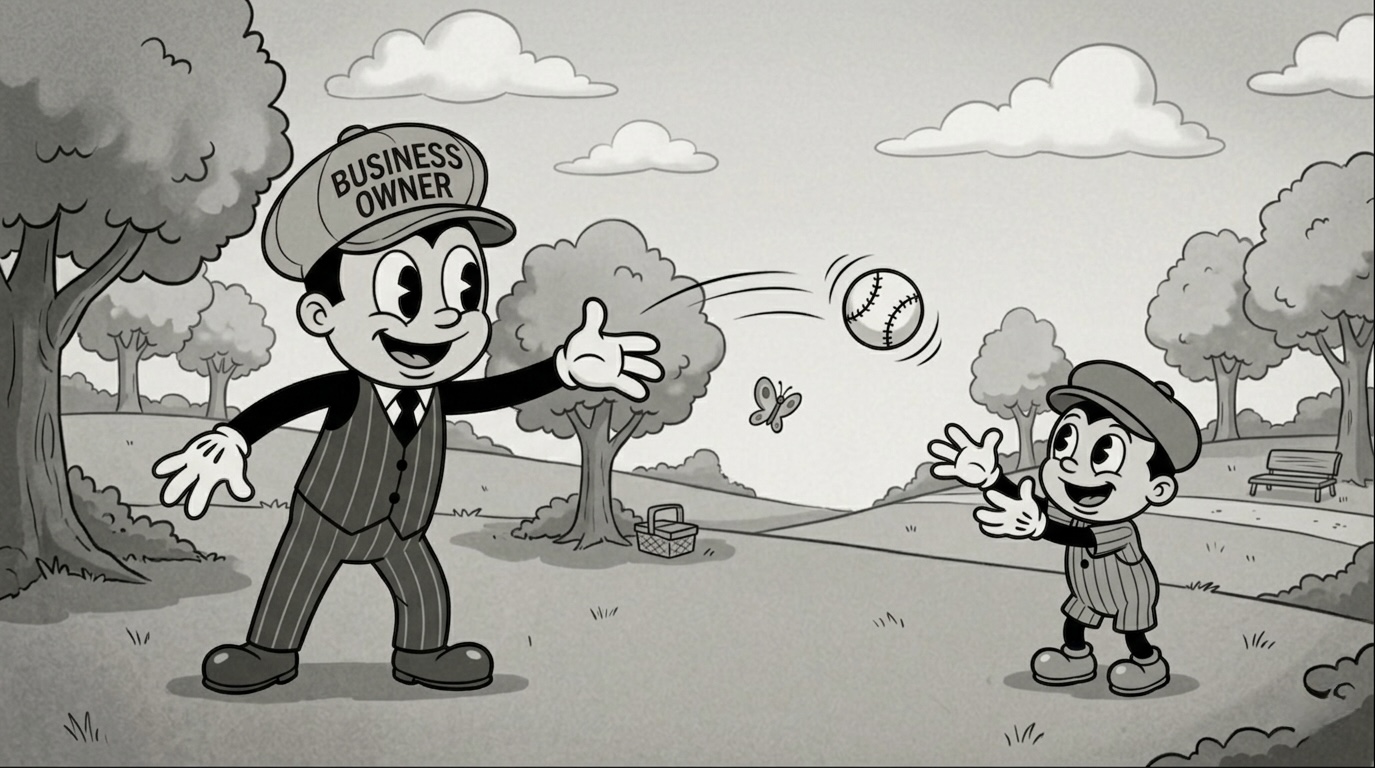 Business owner playing catch with his kid